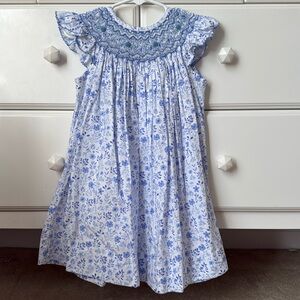 Shrimp and Grits Kids blue and white floral smocked bishop dress. Size 2T.